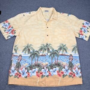 Pacific Legend Mens 2XL Hawaiian Shirt Yellow Hula Flamingo Tropical Cotton USA